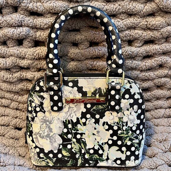 Betsy Johnson Black, White & Grey Floral Polka Dot Print Handbag - Picture 1 of 16